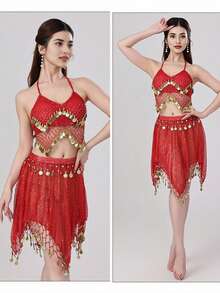Belly Dance Mesh Halter Crop Top With Dangling Coins, Asymmetric Sheer Skirt With Coin Trim For Stage Performance & Carnival - Multicolor - View 4