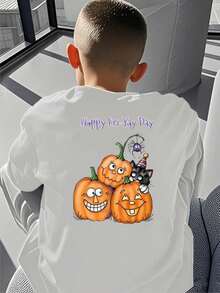 KID002|Halloween|Camiseta de manga corta con cuello redondo para KID002|Halloweens|Para KID002|Halloweens de 4 a 15 años|Enviado desde México|Suave y amigable con la piel|Temporada de regreso a clases|Halloween|Elegante y versátil|Adecuado para uso diario y de regreso a la escuelaCamisa para KID002|Halloweens con diseños festivos de calabazas y un gato negro, perfecta para Halloween y momentos divertidos - Blanco - Ver 1
