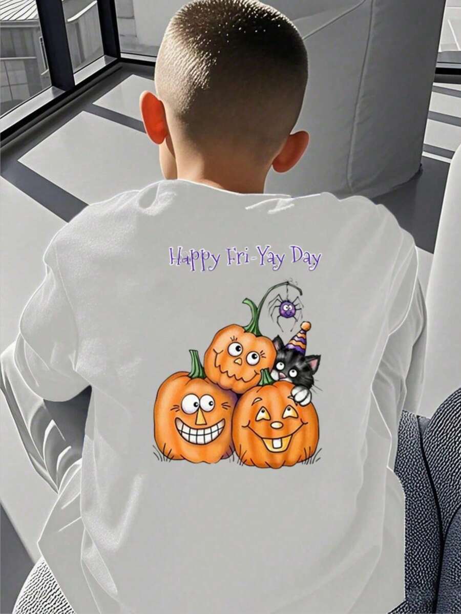 KID002|Halloween|Camiseta de manga corta con cuello redondo para KID002|Halloweens|Para KID002|Halloweens de 4 a 15 años|Enviado desde México|Suave y amigable con la piel|Temporada de regreso a clases|Halloween|Elegante y versátil|Adecuado para uso diario y de regreso a la escuelaCamisa para KID002|Halloweens con diseños festivos de calabazas y un gato negro, perfecta para Halloween y momentos divertidos - Blanco - Ver 1