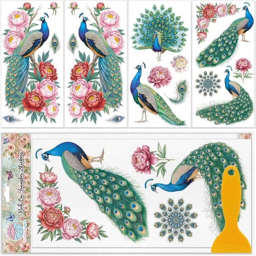 GLOBLELAND 4 Sheets Peacock Furniture Transfers Stickers 6x12inch Flowers Feathers Rub On Transfer UV Self-Adhesive Stickers Wall Art Craft For Bedroom Living Room Desk Table Decoration - 白色 - 查看 1