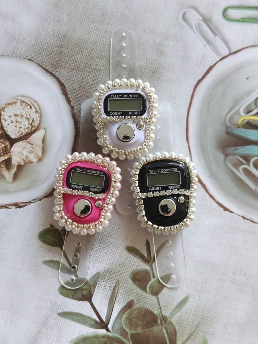 1pc/3pcs Portable Pearl & Rhinestone Digit Ring Counter, Suitable For Outdoor Counting, Prayer Props, Warehouse Inventory, Artifact Preservation, Festival Gifts, Elastic Design With Auto Power-Off Function - Multicolor - View 1