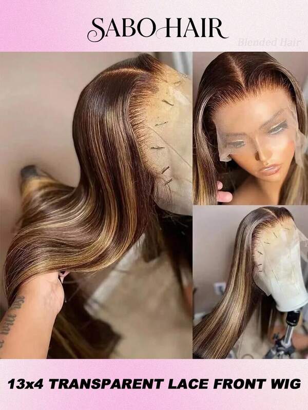 Peruca loira mel, cabelo humano misto, densidade 200%, 13x4 HD, renda frontal pré-depilada, peruca ombré, renda frontal para mulheres, perucas lisas, cabelo colorido com baby hair, 28 polegadas