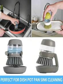 1PC Press-Type Kitchen Dish Brush With Handle, Kitchen Scrub Brushes For Cleaning, Dish Scrubber With Nylon Bristles For Sink, Pots, Pans, Grease Cleaner For Pots Pans & Dishes Multipurpose Cleaning Tool,Bottle Brush,Kitchen Accessories