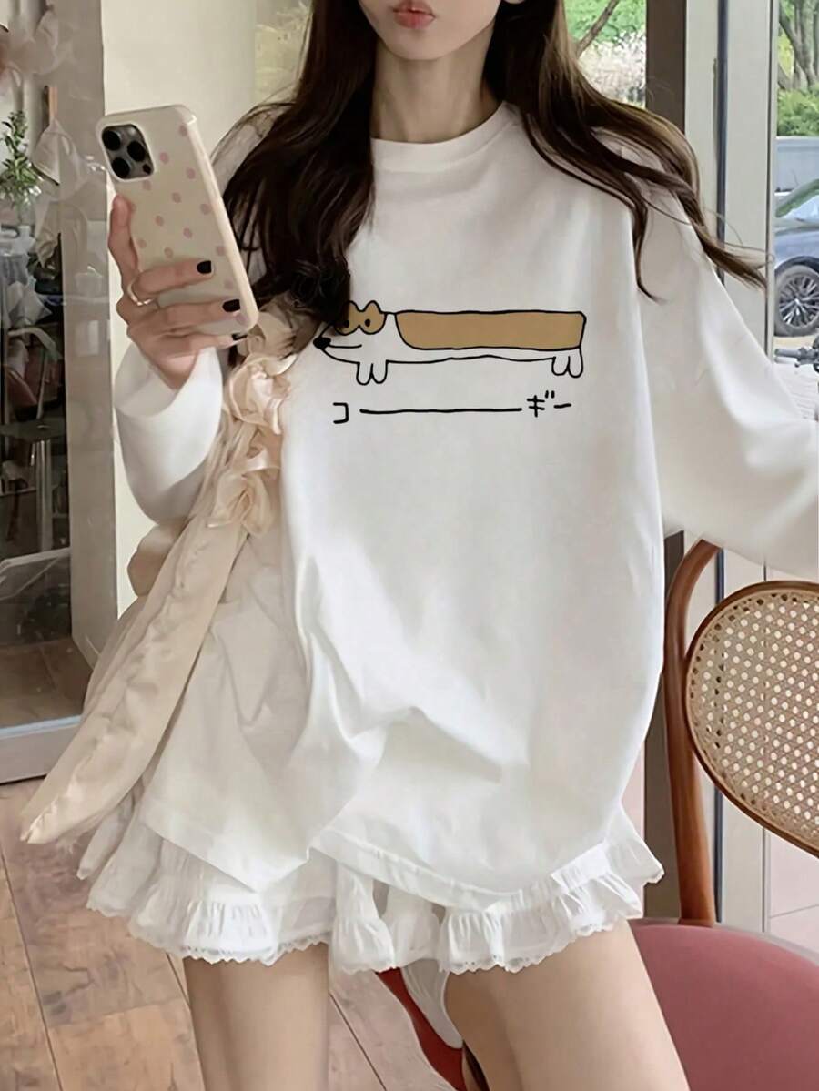 女士宽松日本猫咪印花长袖棉质T恤，百搭春秋两季 - 白色 - 查看 1