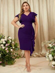 Plus V Neck Flounce Sleeve Contrast Ruffle Hem Evening Party Bodycon Dress - 紫色 - 查看 7