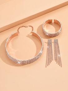 3 件套时尚性感多层水钻项链、耳环、手链、新娘珠宝配饰、短项链、圣诞礼物