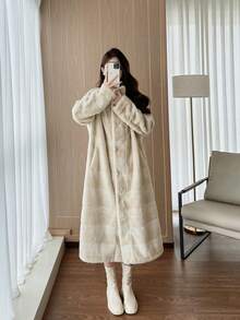 2025冬季新款人造毛皮休闲时尚复古宽松长袖长款女士人造毛皮大衣 - 杏色 - 查看 9