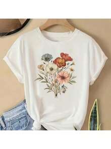 Women's Cotton T-Shirt, Flowers Bouquet Blouse, Premium Mesh, Short Sleeve, Round Neck Shirt - 白色 - 查看 2