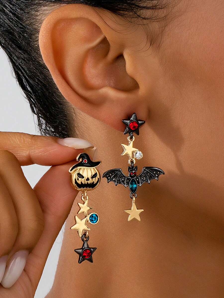 1 Pair Halloween Bat & Pumpkin Dangle Earrings, Women Halloween Accessories Suitable For Funny, Party, Holiday Wear - Multicolor - View 1