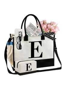 黑白亚麻手提包套装，含肩带、化妆包和方形收纳袋，简约A-Z字母图案，超大容量。套装包含1个化妆包和1个带拉链的方形收纳袋，可用于装脏衣服、零钱包、铅笔盒、化妆包等。 - 彩色 - 查看 30
