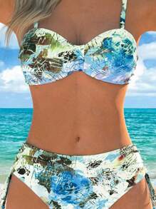 Conjunto de bikini de 2 piezas con tirantes de espagueti y estampado floral de verano para mujer - Azul - Ver 5