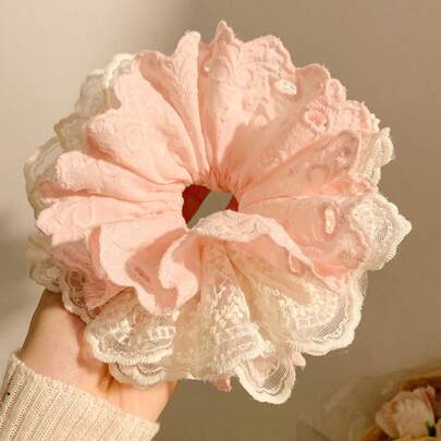1pc French Style Pink Lace Hollow Floral Scrunchie, Unique Design, Versatile Hair Accessory For Daily Use, Sport, Hair Ties, Scrunchy Hair Ties Ponytail Holder