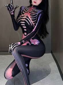 1 件女式性感骷髅服装紧身衣，适合万圣节派对、直播、角色扮演