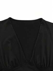 Sexy Fashion Ruched Deep V-Neck A-Line Hem Long Sleeve Mini Dress, New Arrival For Autumn - Black - View 9
