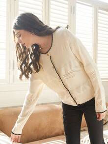 Knit Mix Elegant Women's Autumn/Winter Fashion French Style Commuter Knit Round Neck Long Sleeve Top, Contrast Trim Loose Cardigan - Apricot - View 10