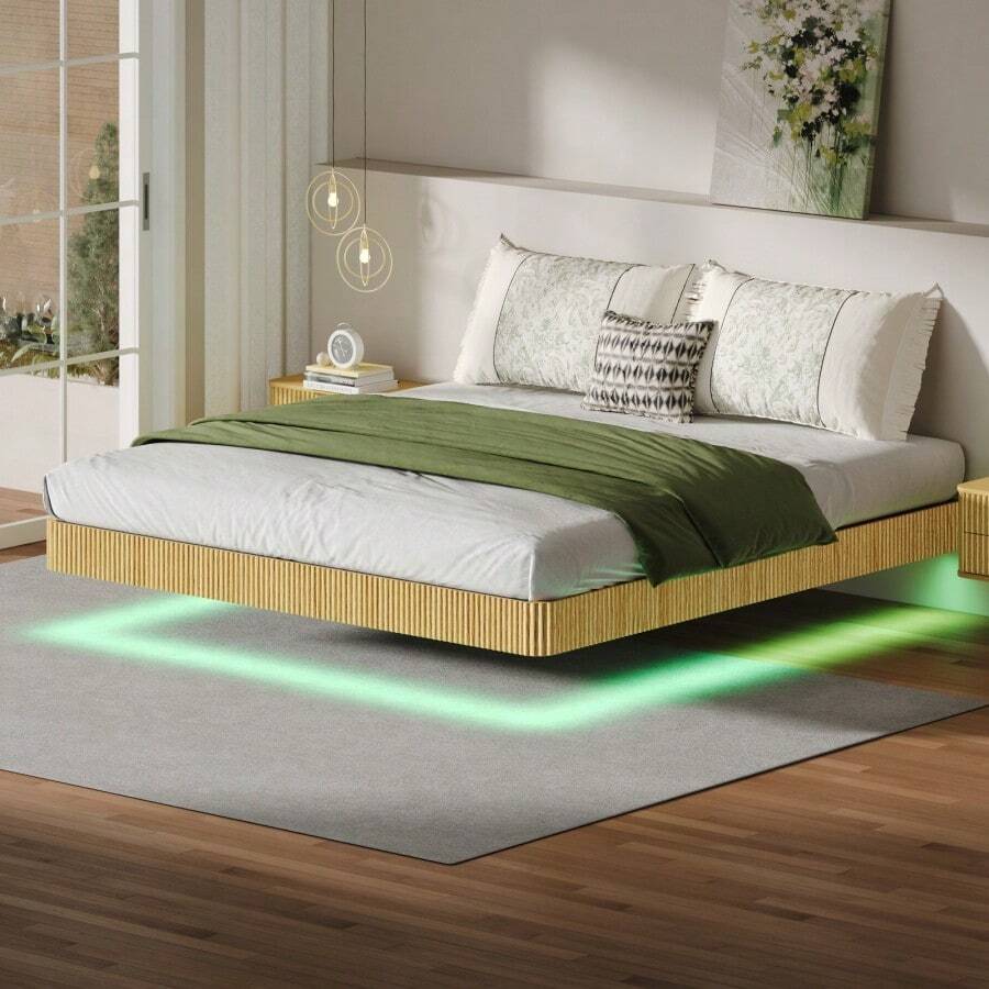 Oak King Floating Bed Frame With LED Lights Wave Curve Wood Texture Bed With Heavy Duty Metal Slats No Box Spring Needed. - King + Oak1 - View 1