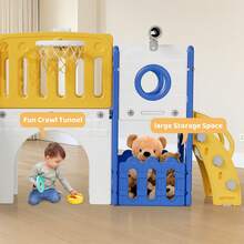 MAMIZO 9 In 1 Large Toddler Slide, Kid Playset W/ Long Slope, Baby Climber Set W/ Basketball Hoop, Telescope, Tunnel, Storage Space, Enclosed Steps, Indoor Outdoor Playground For Ages 3+ - Yellow - View 4