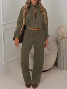Two Pieces Set Women's Fashion Casual Workwear Set: Stand-Up Collar Zipper Pocket Long-Sleeved Top And High-Waisted Drawstring Pocket Wide-Leg Pants Two Pieces Set