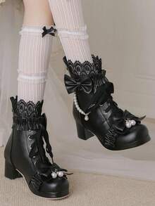 Sweet Lolita Style Women's Ankle Boots Round Toe Lace Trim Bow Accents Pearl Chains Lace Up Back Zipper Block Mid Heel Tea Party Cosplay Kawaii Looks Short Boots - 黑色 - 查看 2