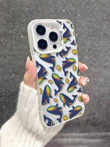 1 件鲸鱼与贝壳卡通插图印花高品质透明白色框架 TPU 防震保护壳适用于 7/8/X/Xs/XR/XS Max/11/12/13/14/15/16 Pro Max、Galaxy - 彩色 - 查看 2