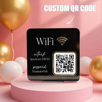 1 biển báo WiFi bằng acrylic tùy chỉnh kèm chân đế và mã QR. Quét mã QR WiFi để truy cập. Thích hợp làm biển báo khách tham quan cá nhân hóa tại khách sạn, cửa hàng, văn phòng và nhà ở. Được làm từ chất liệu acrylic bền, kiểu dáng thời trang và tối giản, một món quà độc đáo và cá nhân hóa. Dùng để sắp xếp văn phòng.