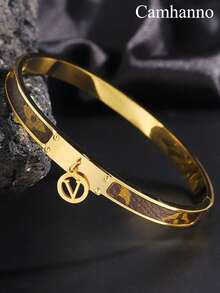 1PC Luxurious And Fashionable Stainless Steel Leather V-Letter Pendant Bracelet, Low-Key Luxury, Leading The , Suitable For Women's Daily Wear, Casual/Party/Holiday Gifts/Valentine's Day Gifts