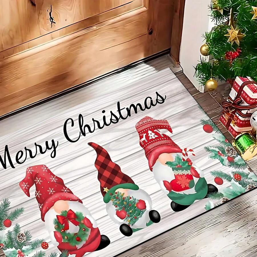 1pc Christmas Element Pattern Printed Silica Gel Kitchen Mat, Rectangular Carpet For Living Room, Bedroom, Hallway, Bathroom, Laundry Room - Polyester Rug, Suitable For Indoor And Outdoor Home Decor, Can Be Used As Christmas Gift And Christmas Decoration - Multicolor - View 1