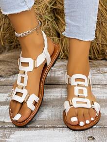 1 Pair Women's New Fashion Flat Sandals, Solid Color Plaid Geometric Pattern, PU Leather, Hollow Out, Rivet Decor, Beach & Resort, Spring/Summer - White - View 5