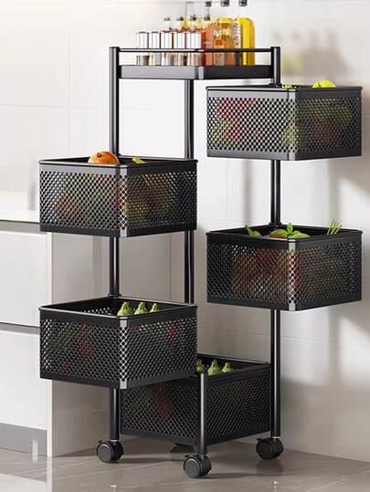 Rotating Fruit Basket, 5-Tier Metal Sturdy Kitchen Storage Rack Shelf Carts No Assembly On Rolling Wheels For Fruit Vegetable Grocery Corns Potato Onion (3/5-Tier, Black)
