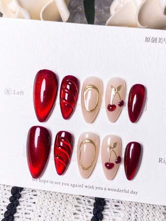 10 piezas de uñas postizas elegantes y sofisticadas de metal con diseño minimalista de almendra blanca, contorno rojo y estallido rojo, hechas a mano