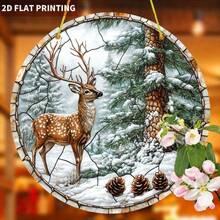 2D Flat, 2D Flat 1 Piece Winter Deer Catcher, 19.99x19.99 Cm Round Acrylic Logo, Stained Glass Style Window Pendant, Quiet Winter Wonderland Atmosphere, Suitable For Home, Office, Living Room, Christmas Gifts, 2D Flat Home Decor Christmas Decorations Room Decor