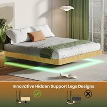 Oak King Floating Bed Frame With LED Lights Wave Curve Wood Texture Bed With Heavy Duty Metal Slats No Box Spring Needed. - King + Oak1 - View 4