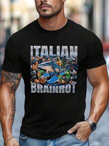 Italian Brainrot Shark Tee , Men's 220gsm New Summer Casual Crew Neck Pure Cotton Short-Sleeved T-Shirt(1 PC) - 黑色 - 查看 1