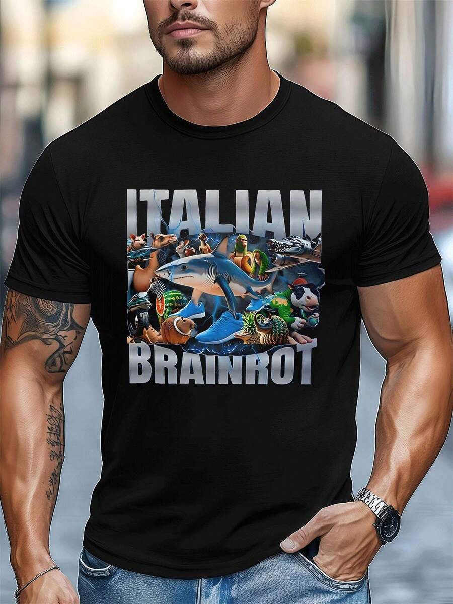 Italian Brainrot Shark Tee , Men's 220gsm New Summer Casual Crew Neck Pure Cotton Short-Sleeved T-Shirt(1 PC) - 黑色 - 查看 1