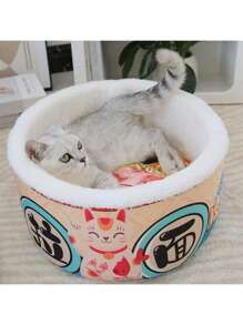 1 Stück vintage Katzen Bett Haus, Design einer Instantnudelverpackung, warmes atmungsaktives Katzen & Hunde Kennel Bett mit Kissen Halter, gemütliches Nest für Haustiere
