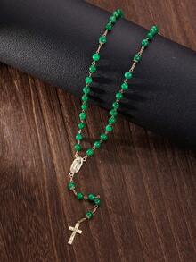 1条天主教念珠项链，绿色健康材质，圣诞礼物，适合送给女性、父亲、丈夫 - 玉石念珠项链，配有圣母玛利亚和十字架吊坠，充满正能量 - 串珠 - 查看 7