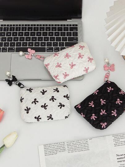 1 件儿童可爱蝴蝶结图案零钱包迷你方形化妆包带可拆卸珍珠吊坠便携式旅行化妆包带拉链少女口红收纳袋卡片收纳袋耳机袋零钱包儿童节礼物好主意返校礼物暑假礼物新学期礼物