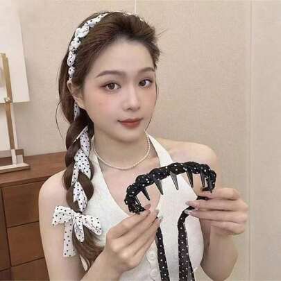 1 szt. Elegancka opaska na głowę z kokardą w groszki i długimi wstążkami, idealna do kucyka, na co dzień, na eleganckie okazje, w stylu boho, na wiosnę/lato, opaska do włosów, obręcz do włosów, opaska do włosów dla kobiet, jesienne stylizacje