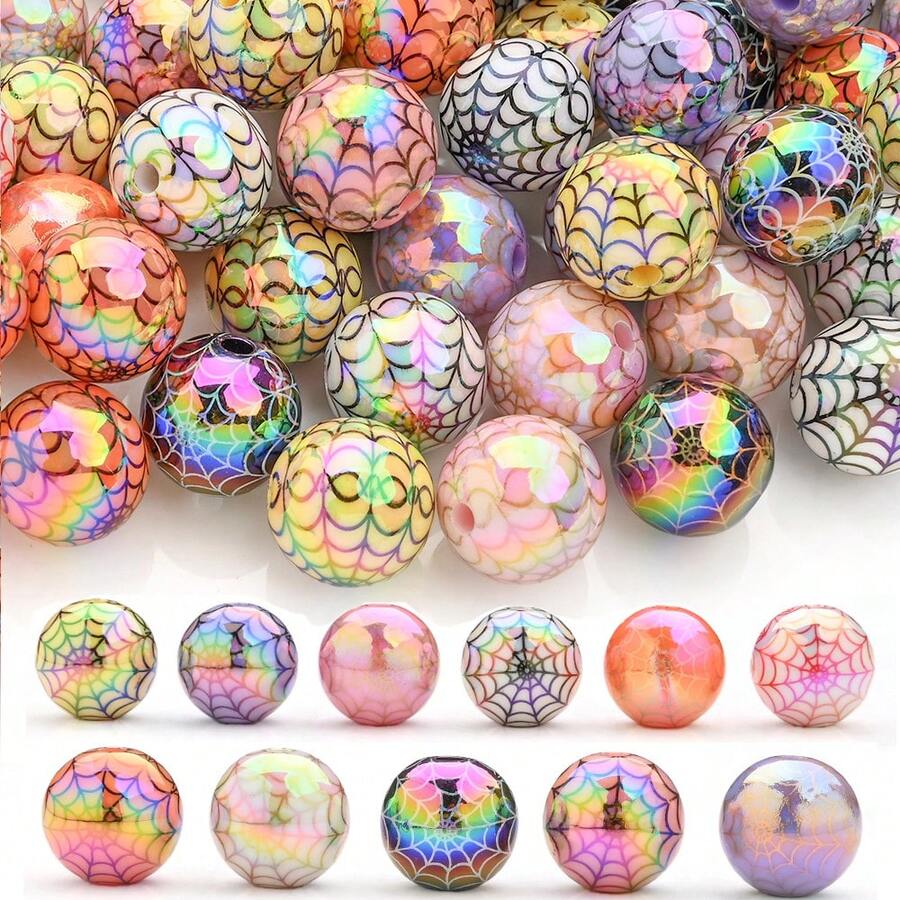 5/10/20pcs 16mm Funny Spider Web Pattern Acrylic Beads, Round Loose Spacer Beads, Colorful, DIY Bracelet Necklace Earring Keychain Phone Strap Craft Decoration Beads