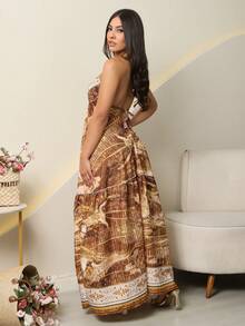 SUMMER DRESS WITH VARIOUS COLOR PRINT, VISCOLINHO DUNA, LONG, OPENING ON THE BACK, SHIRT, V-CUT - Rỉ Nâu - Xem 2