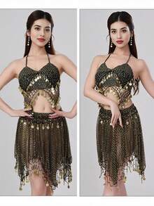 Belly Dance Mesh Halter Crop Top With Dangling Coins, Asymmetric Sheer Skirt With Coin Trim For Stage Performance & Carnival - Multicolor - View 5
