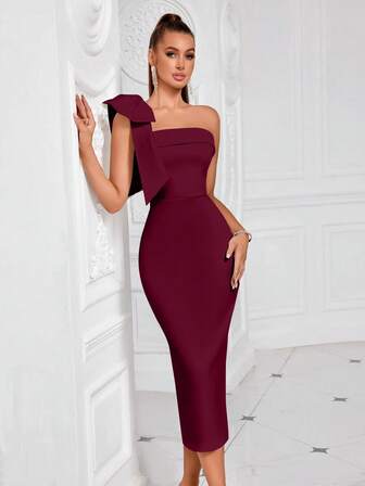 ADYCE Asymmetrical Neck Solid Color Bowknot Decor Slit Backless Midi Cocktail Party Prom Dress, Elegant Semi Formal Dress, For Birthday, Wedding Guest, Graduation, Dinner, Homecoming Elegant Summer
