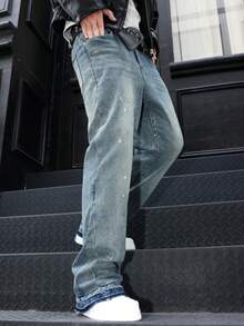 Flared Jeans, Stretch Denim Jeans, Skinny Jeans, Distressed Washed Denim Jeans, Versatile & Fashionable Cotton Product, Slant Pockets Washed Denim - Blue - View 6