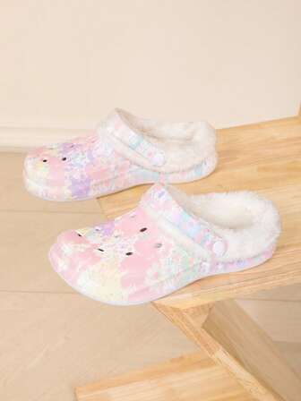 新款女士冬季花园鞋，可调节宽松平底鞋，卧室/旅行/沙滩毛绒拖鞋，包趾拖鞋