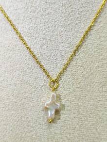 1pc Western Vintage French Style Minimalist Fashionable Luxurious Elegant High-End Natural Freshwater Pearl Cross Titanium Steel Necklace, Gold Jewelry For Women, Suitable For Daily, Date, Party, Evening, Vacation, Gift For Family, Friends, Mother, Wife, Couple, Friendship, Love, Christmas, Exquisite Packaging