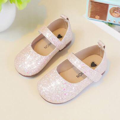 1 par de sapatos infantis com estampa de glitter colorido 3D, bico quadrado, sola macia, princesa, com , adequados para meninas de 2 a 14 anos, para passeios, reuniões, feriados e férias o ano todo