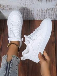 Women White Sneakers Spring Autumn Sport Running Shoes Casual Lace Up Flat Skid-Proof Shoes - White - View 3