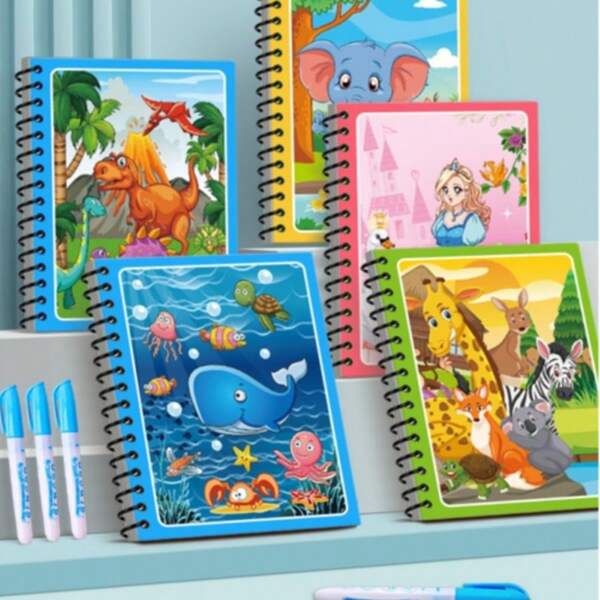 1pc Magic Water Drawing Book, Doodle Painting Book With Brush, Reusable Water Coloring Book For Kids, Toddlers, Preschool, Birthday, Education, Christmas, Halloween, Thanksgiving, Back To School Gift