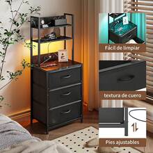 Buros para recamara -Mesita De Noche de 6 Niveles,3 cajones Mesa Auxiliar con Estación De Carga de 2 enchufes y Puertos USB y Tira de luz LED,cajón de Tela de Cuero*3.(ármol+Negro) - Mármol+Negro - Ver 7