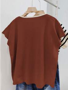 Plus Size Casual V-Neck 2 In 1 Short Sleeve Knit Top Summer - Rust Brown - View 3